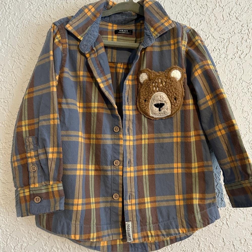 Next Blue and Yellow Plaid Kids Shirt with Bear Pocket